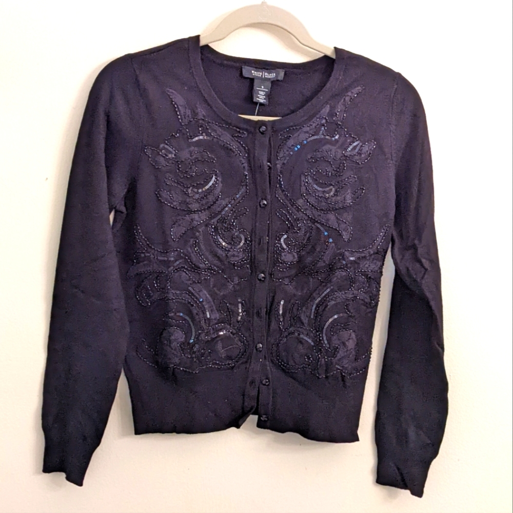 White House Black Market black lace applique cardigan small NWT
